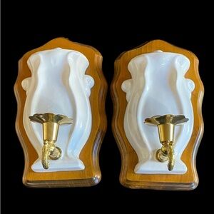 2 Vintage White and Gold Wall Sconces. Taper Candle. Wood, Ceramic, Brass.